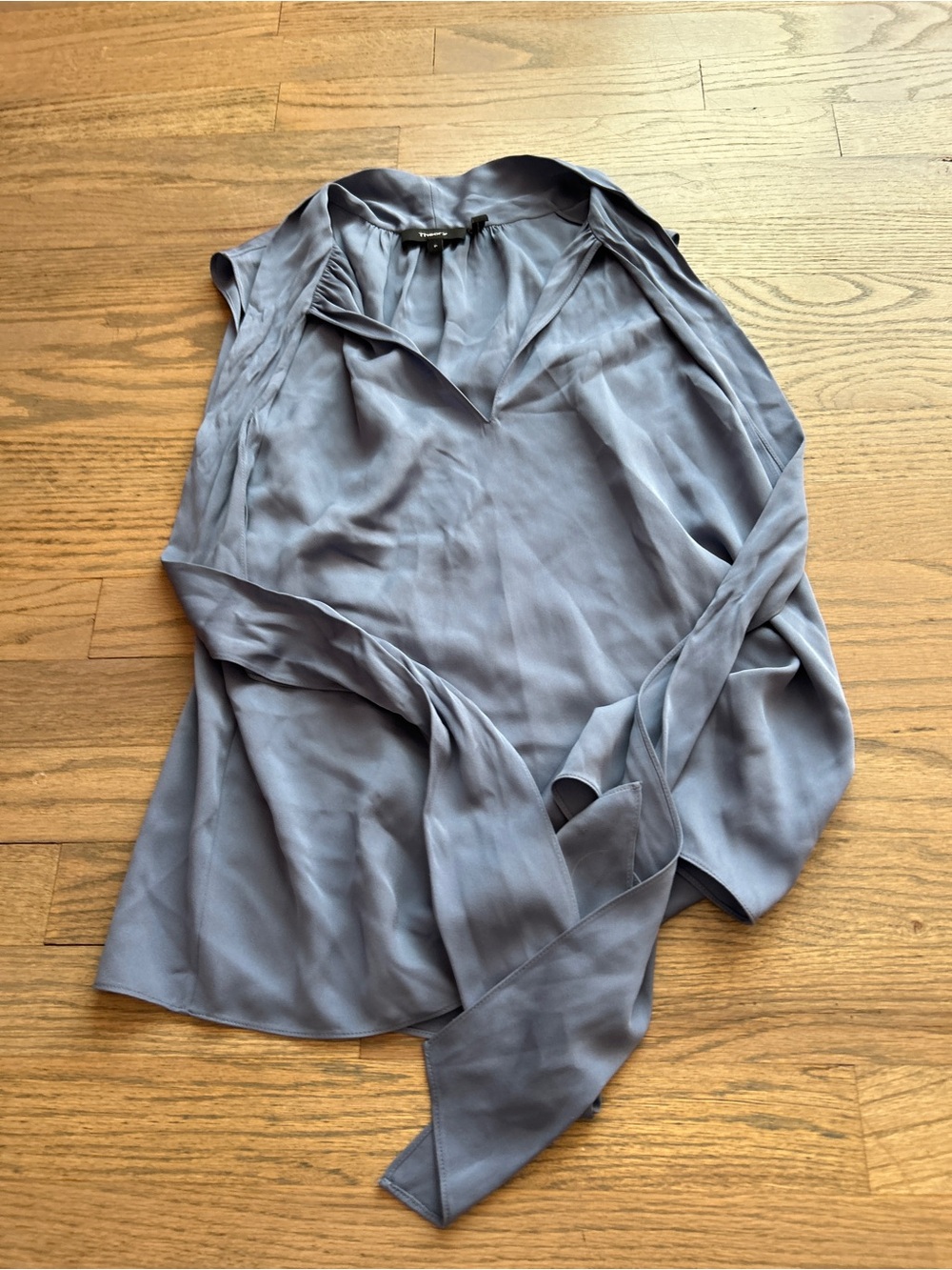 Theory Slate Blue V-Neck Tie-Neck Blouse